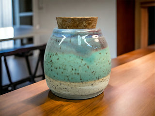 Green & Blue Speckled Cork Jar-Three Petal Pottery