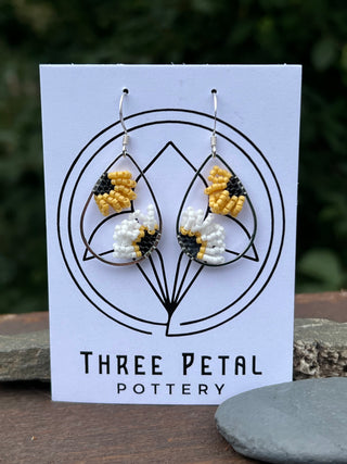 Beaded Earrings-Flower-Yellow, Black and White
