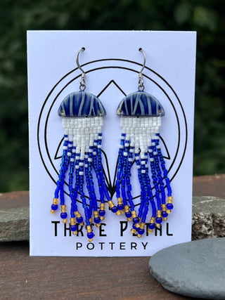Beaded Earrings-Jellyfish- Blue and White￼