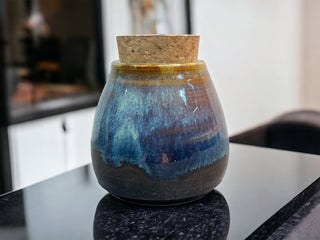 Brown & Blue Cork Jar-Three Petal Pottery